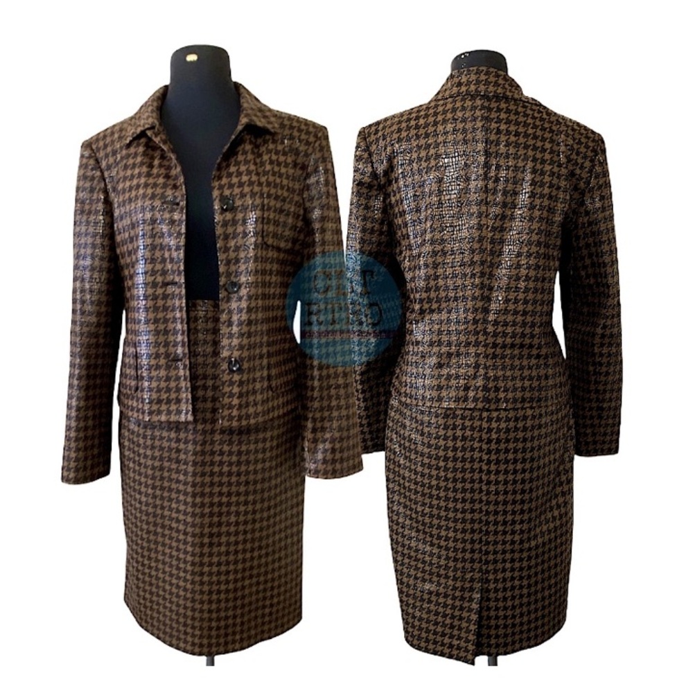 Y2K vtg Harvé Benard • Houndstooth “Wet Look” Skirt Suit